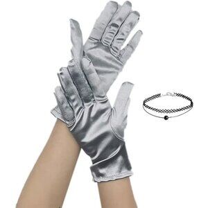 Women's Silver Evening Satin Lace Gloves Choker Necklace Wedding Party Prom